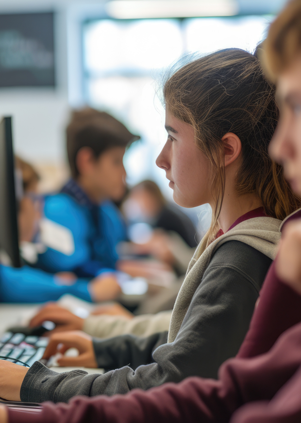 A close up photograph of students using computers to complete tasks