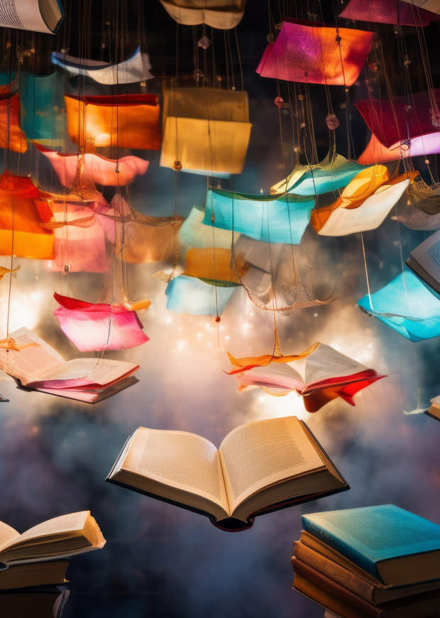 A close up illustration of a sky with colourful books flying around in it.