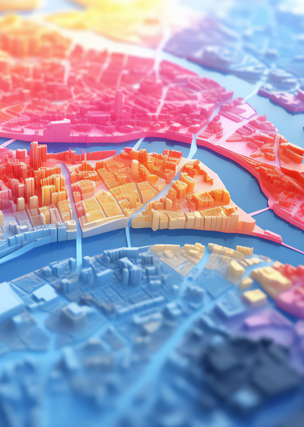 A close up of computer-modelled townscape using colour to highlight sections of the city